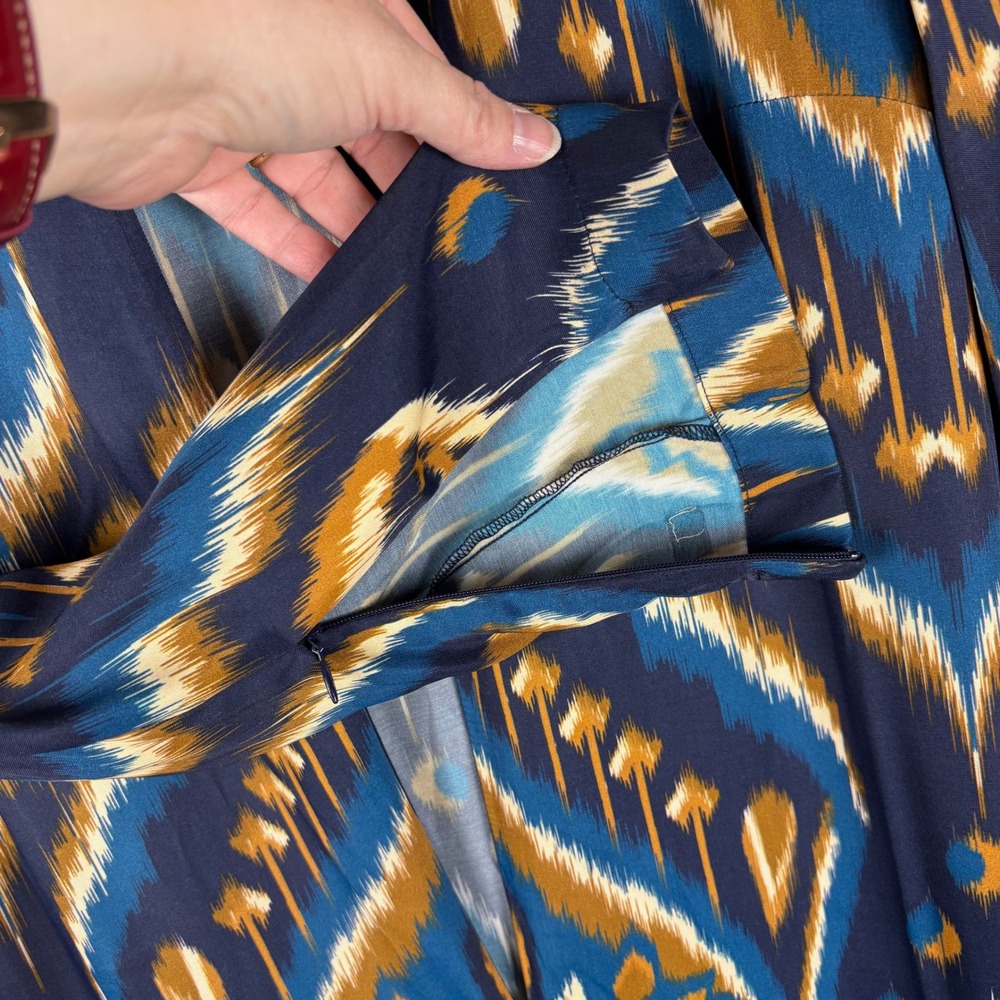 Farm Rio Blue Gold Pineapple Ikat Long Sleeve Maxi Dress L Boho Tribal Statement - Picture 7 of 11